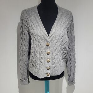 H&M Women's Cable Knit Short Wool Blend Cardigan Medium Gray Gold Preppy Cozy